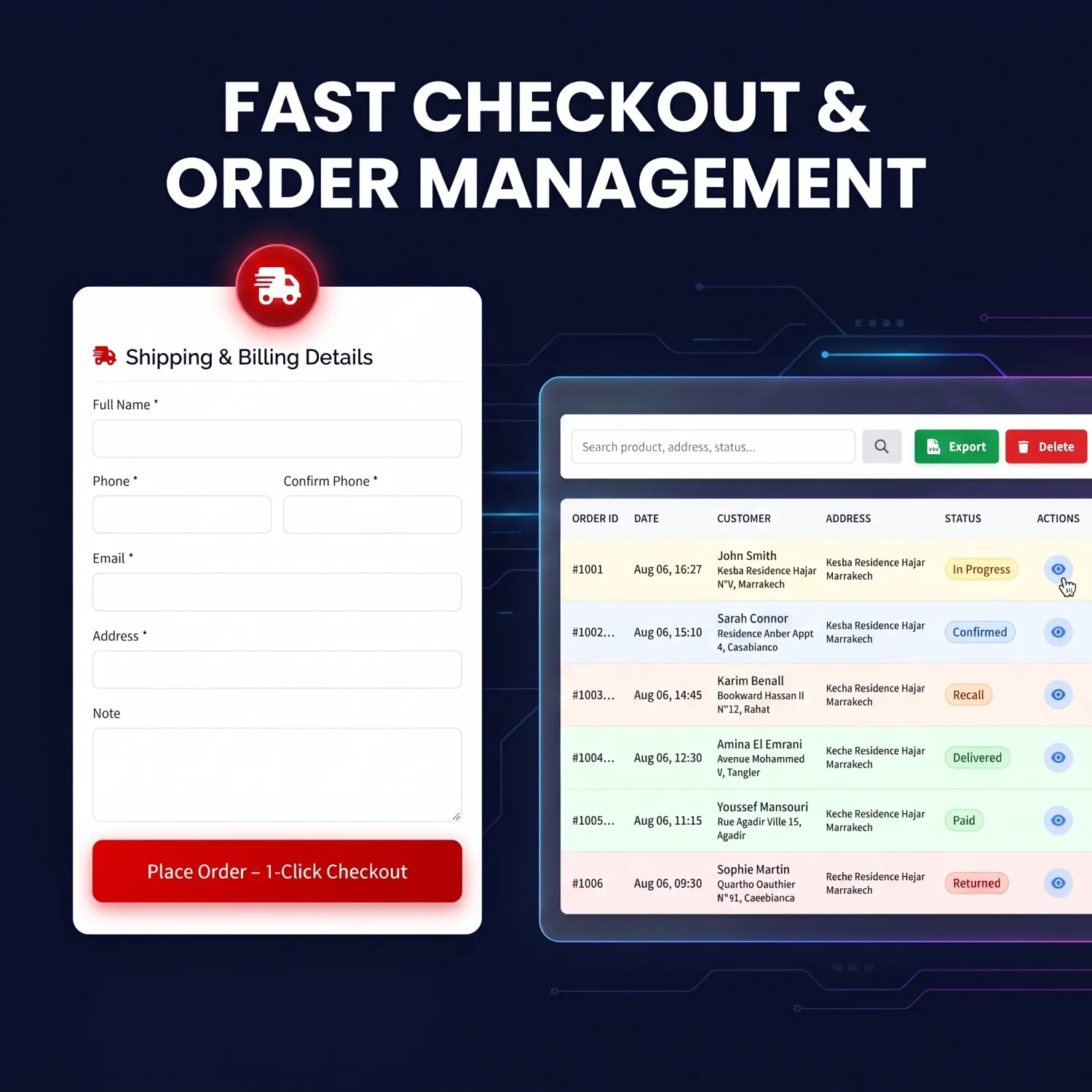 Pedido rápido y panel de control de pedidos